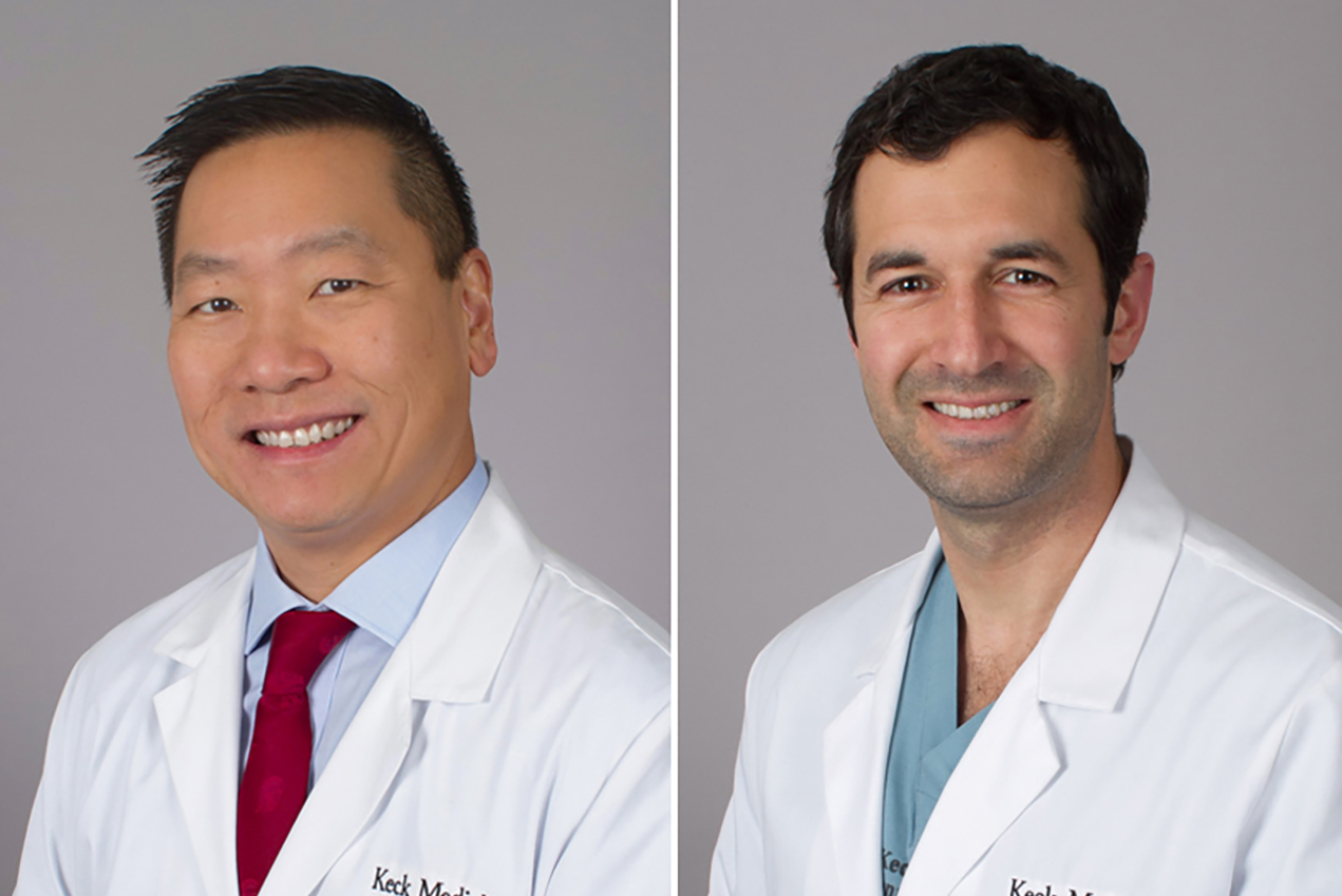 Two side-by-side portraits show doctors smiling in white coats.