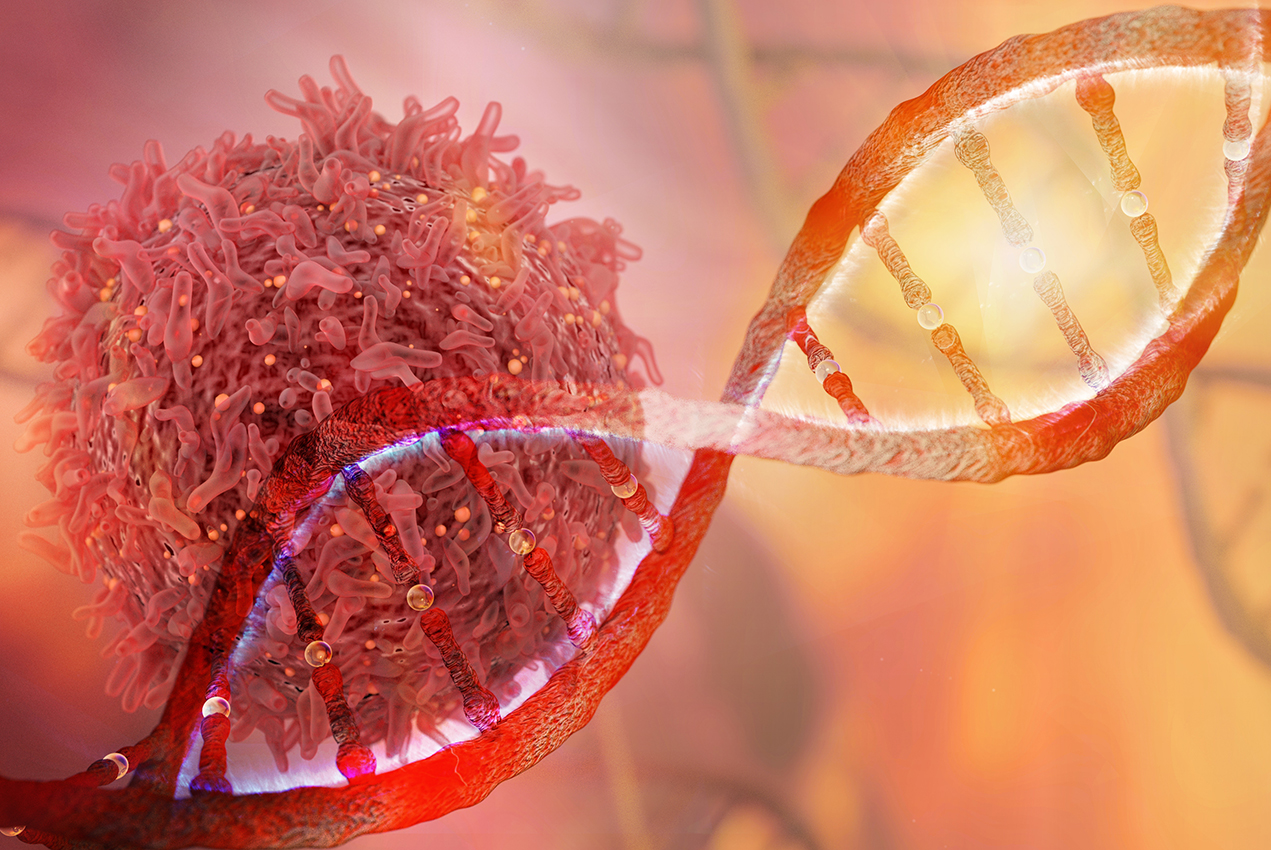 An illustration depicts a cancer cell near a strand of DNA.